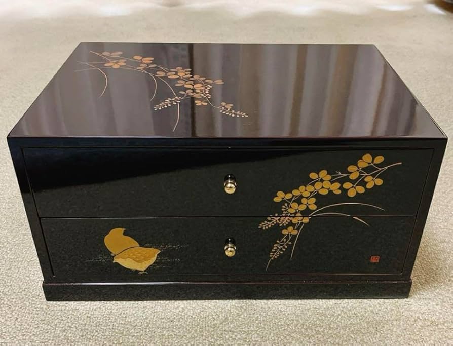 漆器　2段引き出し　小物入れ　萩にうずら 折笠漆器店　　新品未使用 Amazon | 漆器 2段引き出し 小物入れ 萩にうずら 折笠漆器店